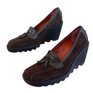 Donald Pliner‎ Chocolate Brown Suede Wedge Loafers 9 Italy preppy Goth Academia